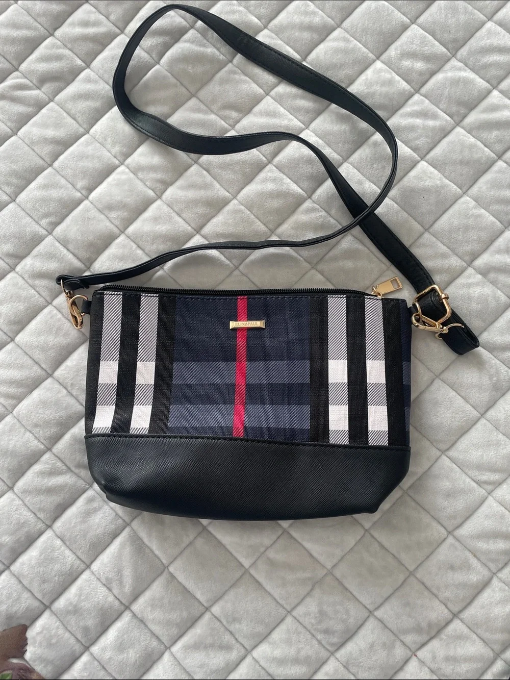 Elim& Paul Black Plaid Crossbody Bag with Gold Accents